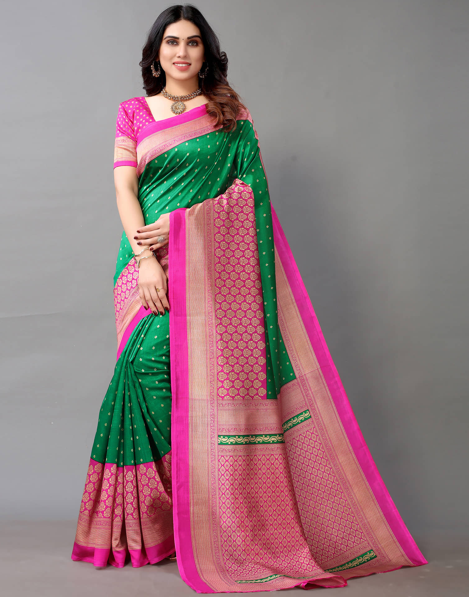Samah Silk Printed Saree With Unstitched Blouse Piece ( Green ) - Sarees | Buy online on ZillyBuy