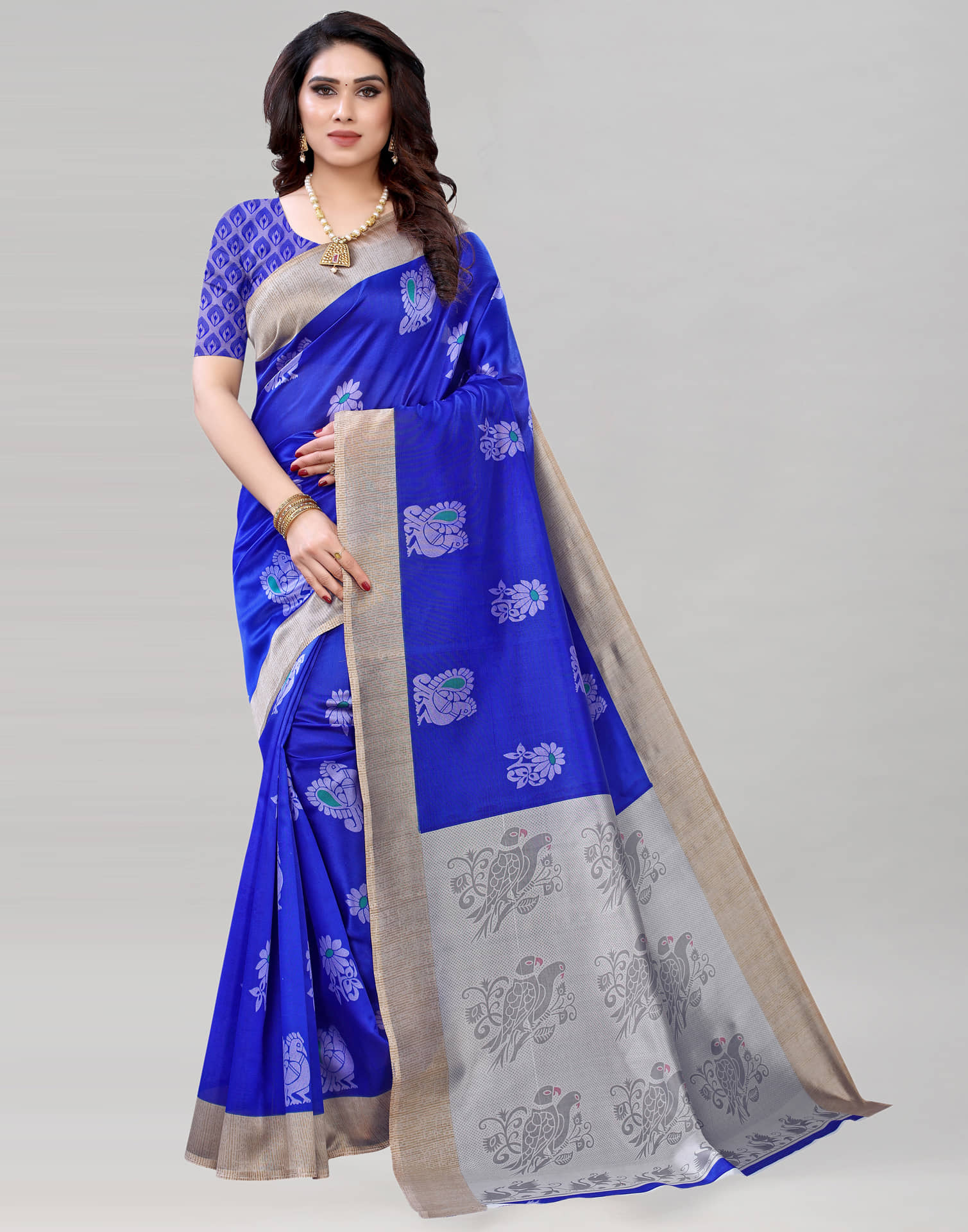 Samah Silk Printed Saree With Unstitched Blouse Piece ( Blue ) - Sarees | Buy online on ZillyBuy