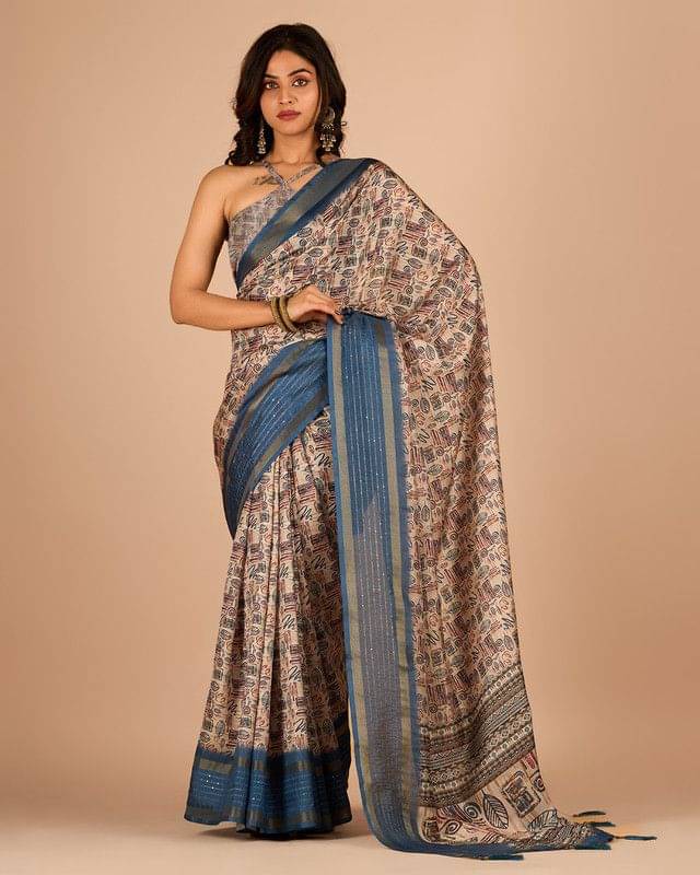Sanjana Silks Cotton Blend Printed Saree With Unstitched Blouse Piece ( Blue ) Sanjana Silks Cotton Blend Printed Saree With Unstitched Blouse Piece ( Blue )