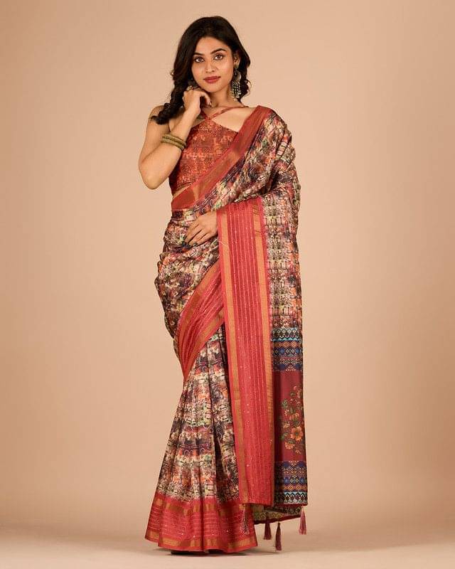 Sanjana Silks Cotton Blend Printed Saree With Unstitched Blouse Piece ( Peach ) Sanjana Silks Cotton Blend Printed Saree With Unstitched Blouse Piece ( Peach )