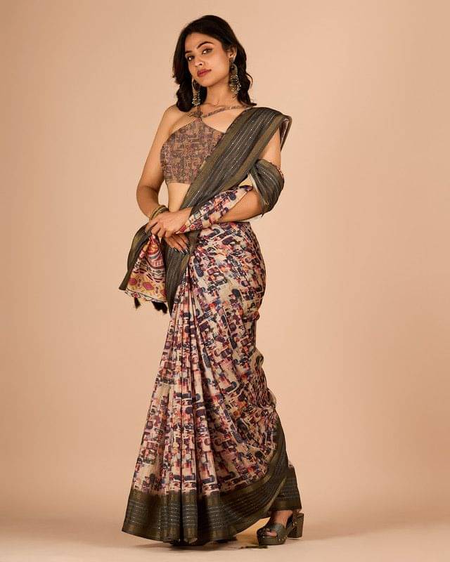 Sanjana Silks Cotton Blend Printed Saree With Unstitched Blouse Piece ( Beige ) Sanjana Silks Cotton Blend Printed Saree With Unstitched Blouse Piece ( Beige )
