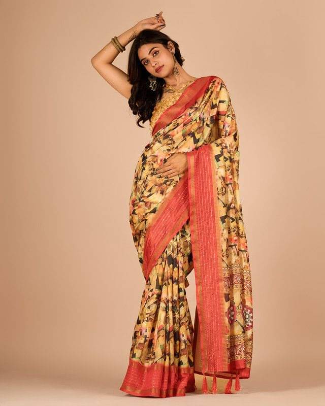 Sanjana Silks Cotton Blend Printed Saree With Unstitched Blouse Piece ( Yellow ) Sanjana Silks Cotton Blend Printed Saree With Unstitched Blouse Piece ( Yellow )