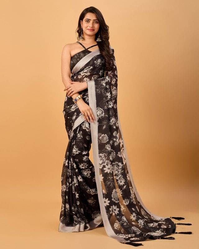 Sanjana Silks Organza Printed Saree With Unstitched Blouse Piece ( Black )     			Sanjana Silks Organza Printed Saree With Unstitched Blouse Piece ( Black )