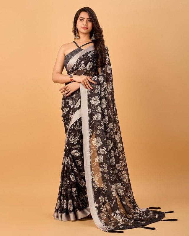    			Sanjana Silks Organza Printed Saree With Unstitched Blouse Piece ( Cream )