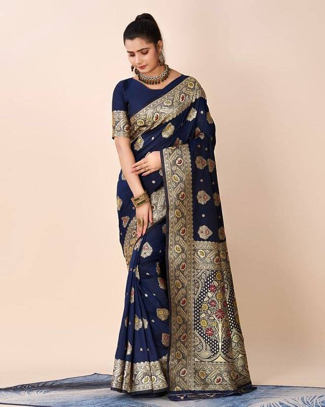 Sanjana Silks Silk Printed Saree With Unstitched Blouse Piece ( Navy Blue ) Sanjana Silks Silk Printed Saree With Unstitched Blouse Piece ( Navy Blue )