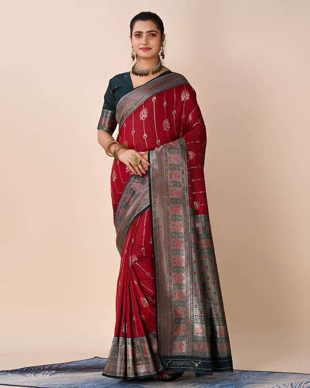 Sanjana Silks Silk Printed Saree With Unstitched Blouse Piece ( Red )