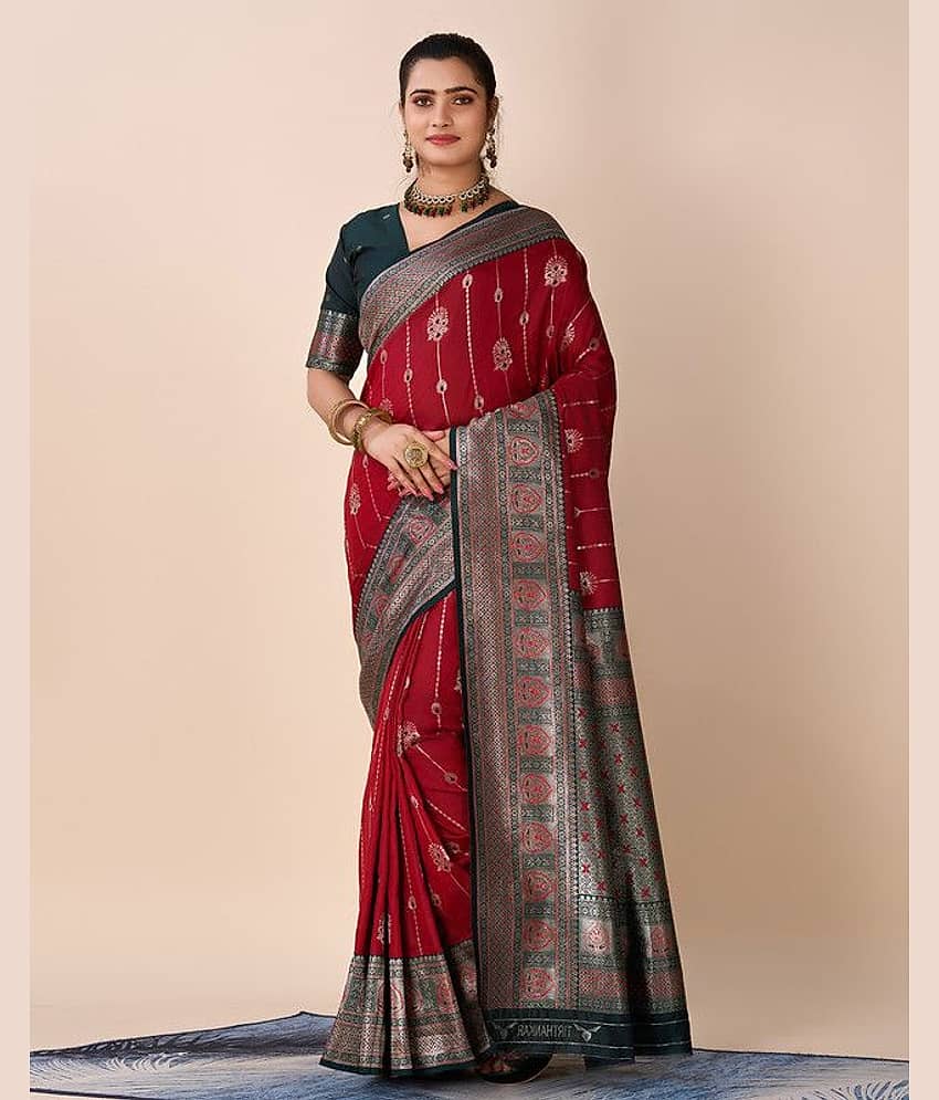 Sanjana Silks Silk Printed Saree With Unstitched Blouse Piece ( Red )