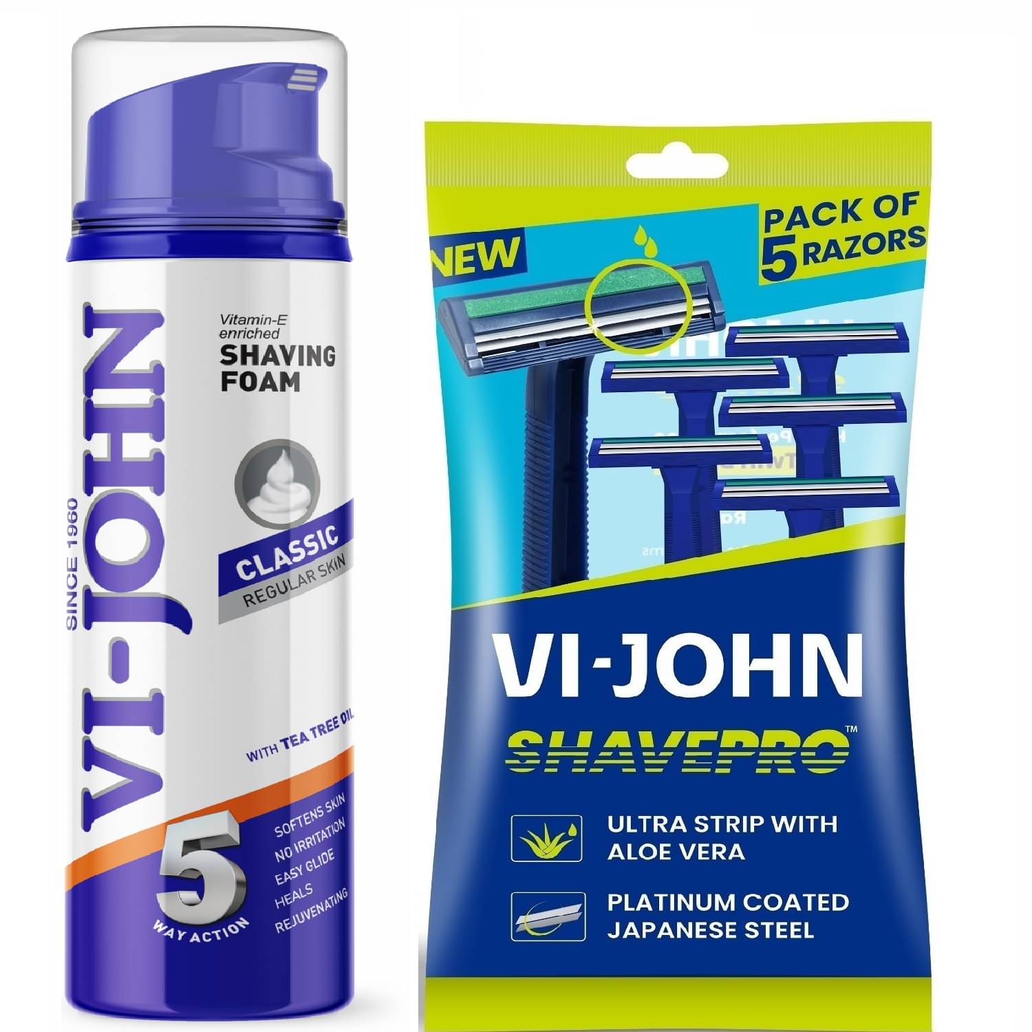    			VI-JOHN Classic Shaving foam 200ml & ShavePro Twin Blade Disposable Razor 5 PCS -Pack of 2