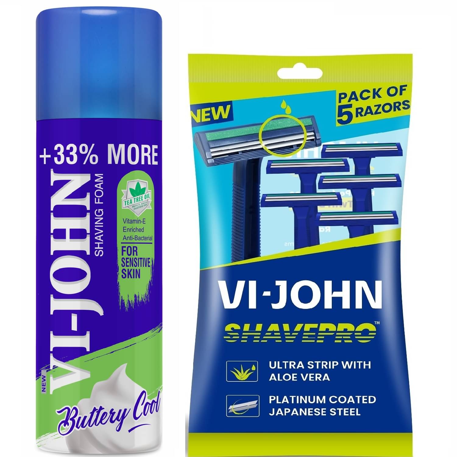     			VI-JOHN Sensitive Skin Shaving foam 400g & ShavePro Twin Blade Disposable Razor 5 PCS -Pack of 2