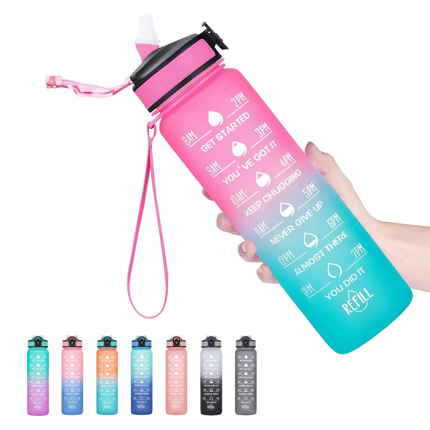 Water Bottle with Times to Drink and Straw, Motivational Time Marker Water Bottles with Strap (Multi Colour) - Stationery | Buy online on ZillyBuy