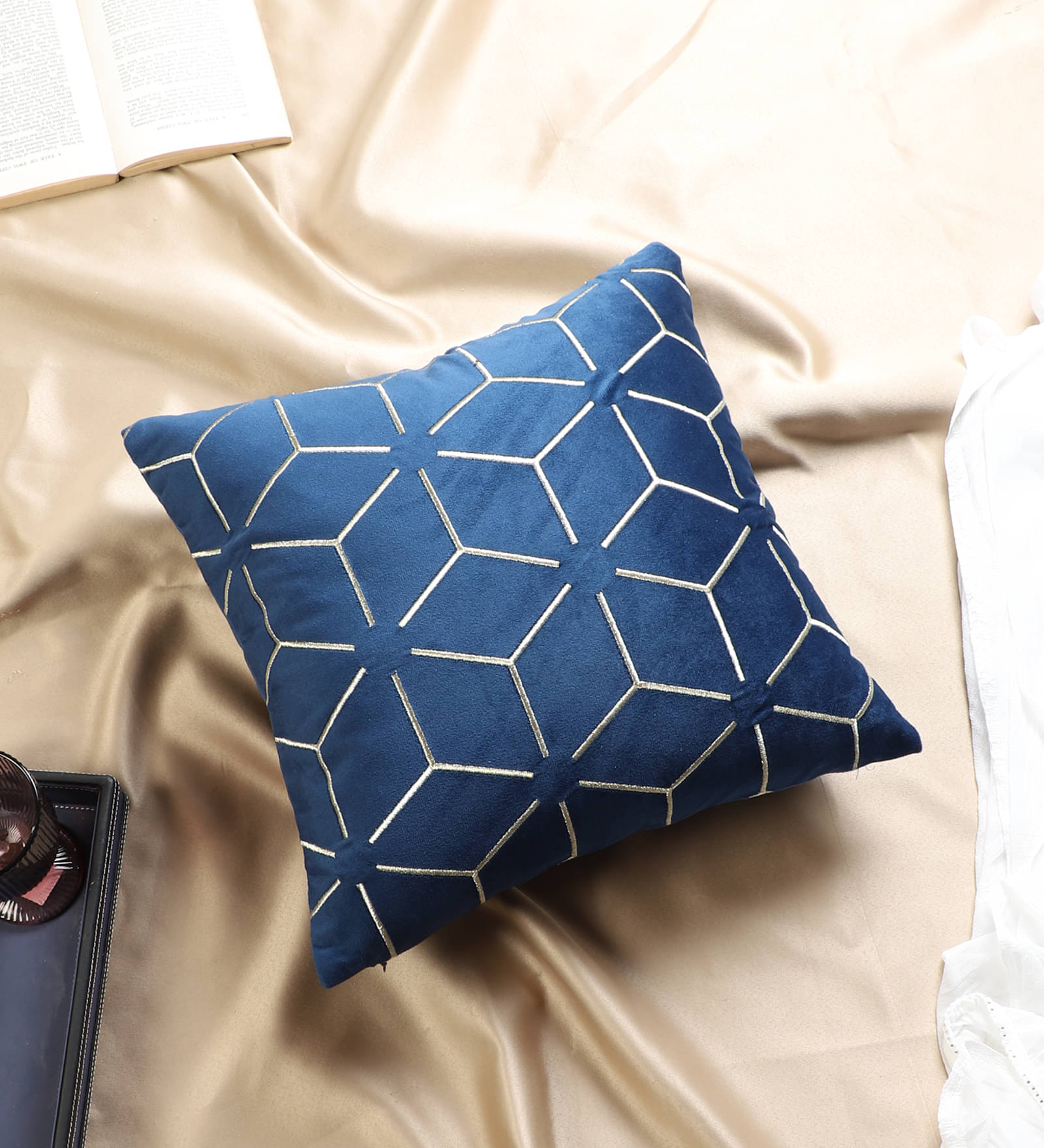    			DecoGhar Set of 1 Velvet Embroidered Square Cushion Cover (40X40)cm - Blue