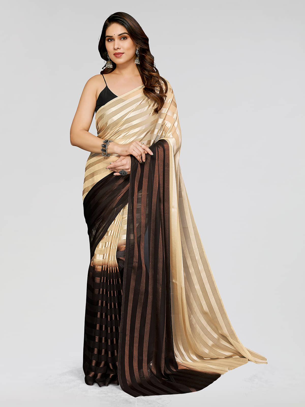 ANAND SAREES Satin Striped Saree With Unstitched Blouse Piece ( Beige ) - Sarees | Buy online on ZillyBuy