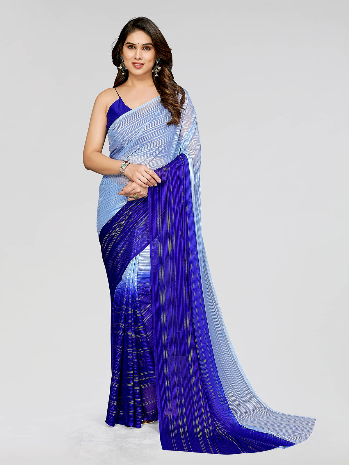 ANAND SAREES Satin Striped Saree With Unstitched Blouse Piece ( Light Blue ) ANAND SAREES Satin Striped Saree With Unstitched Blouse Piece ( Light Blue )