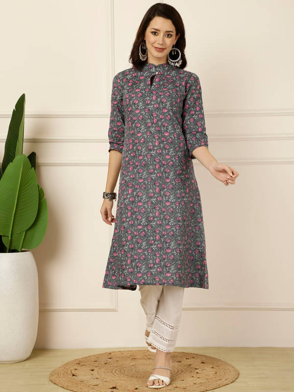 Antaran Cotton Printed Straight Women's Kurti - Grey ( Pack of 1 ) Antaran Cotton Printed Straight Women's Kurti - Grey ( Pack of 1 )