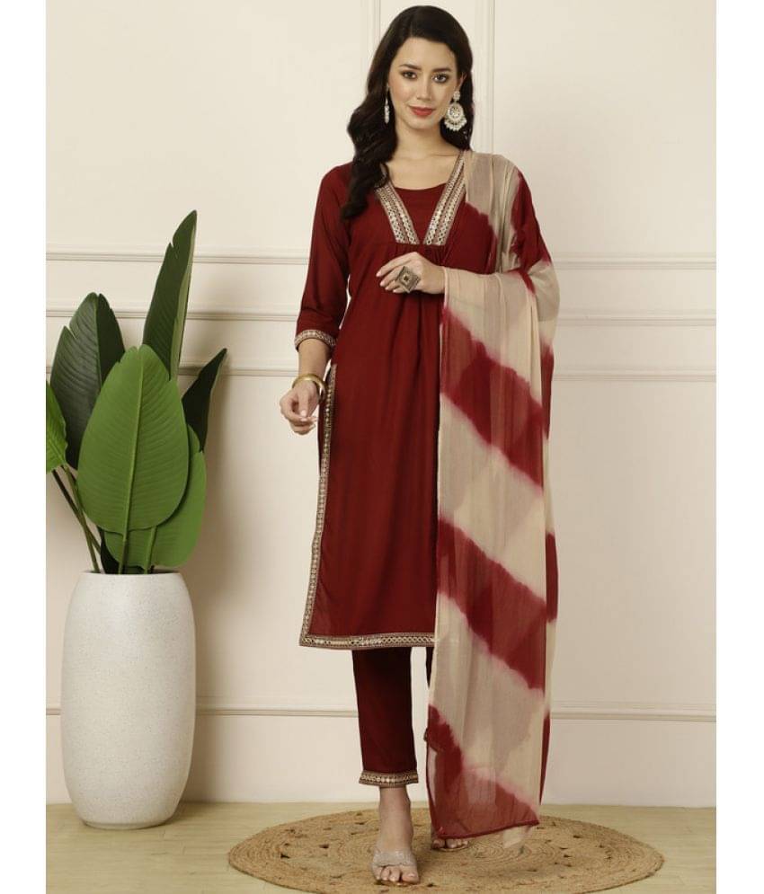 Antaran Rayon Embroidered Kurti With Pants Women's Stitched Salwar Suit - Maroon ( Pack of 1 ) Antaran Rayon Embroidered Kurti With Pants Women's Stitched Salwar Suit - Maroon ( Pack of 1 )