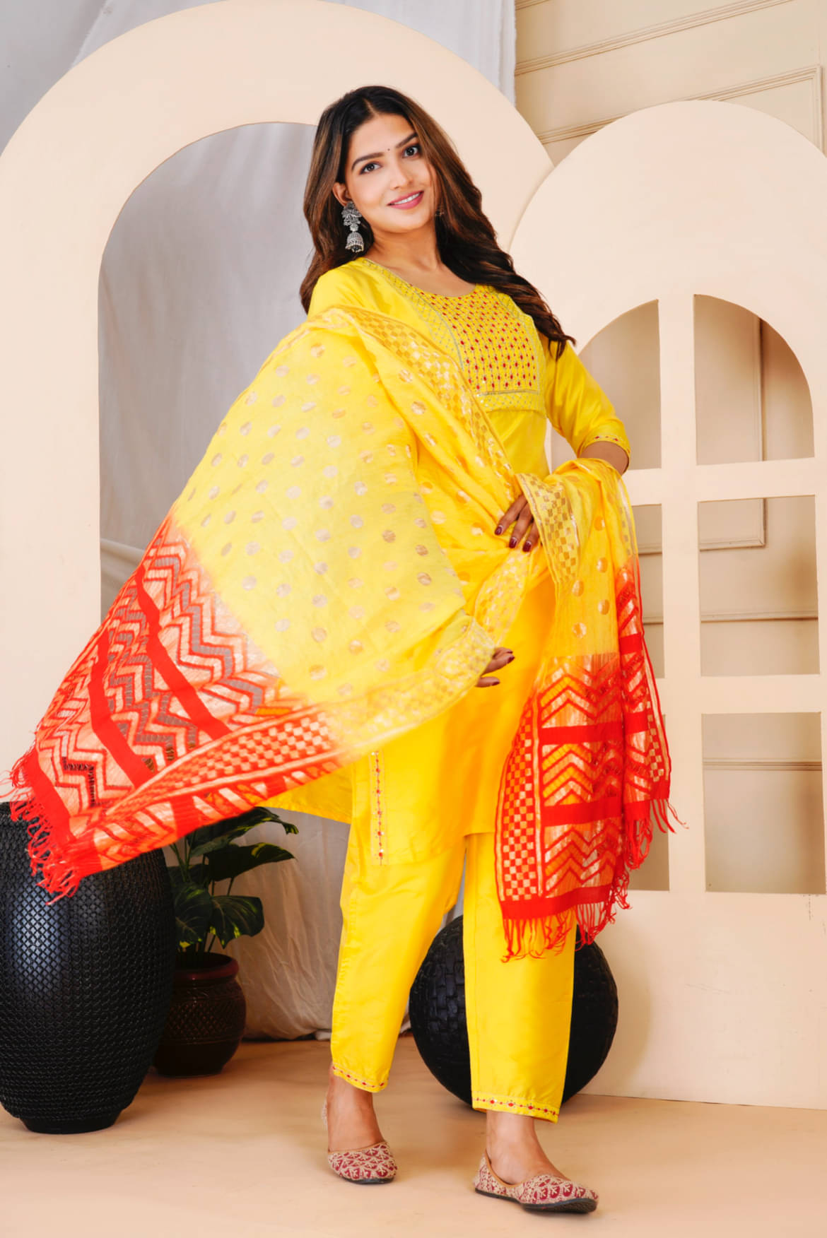     			EXPORTHOUSE Silk Embellished Kurti With Pants Women's Stitched Salwar Suit - Yellow ( Pack of 1 )