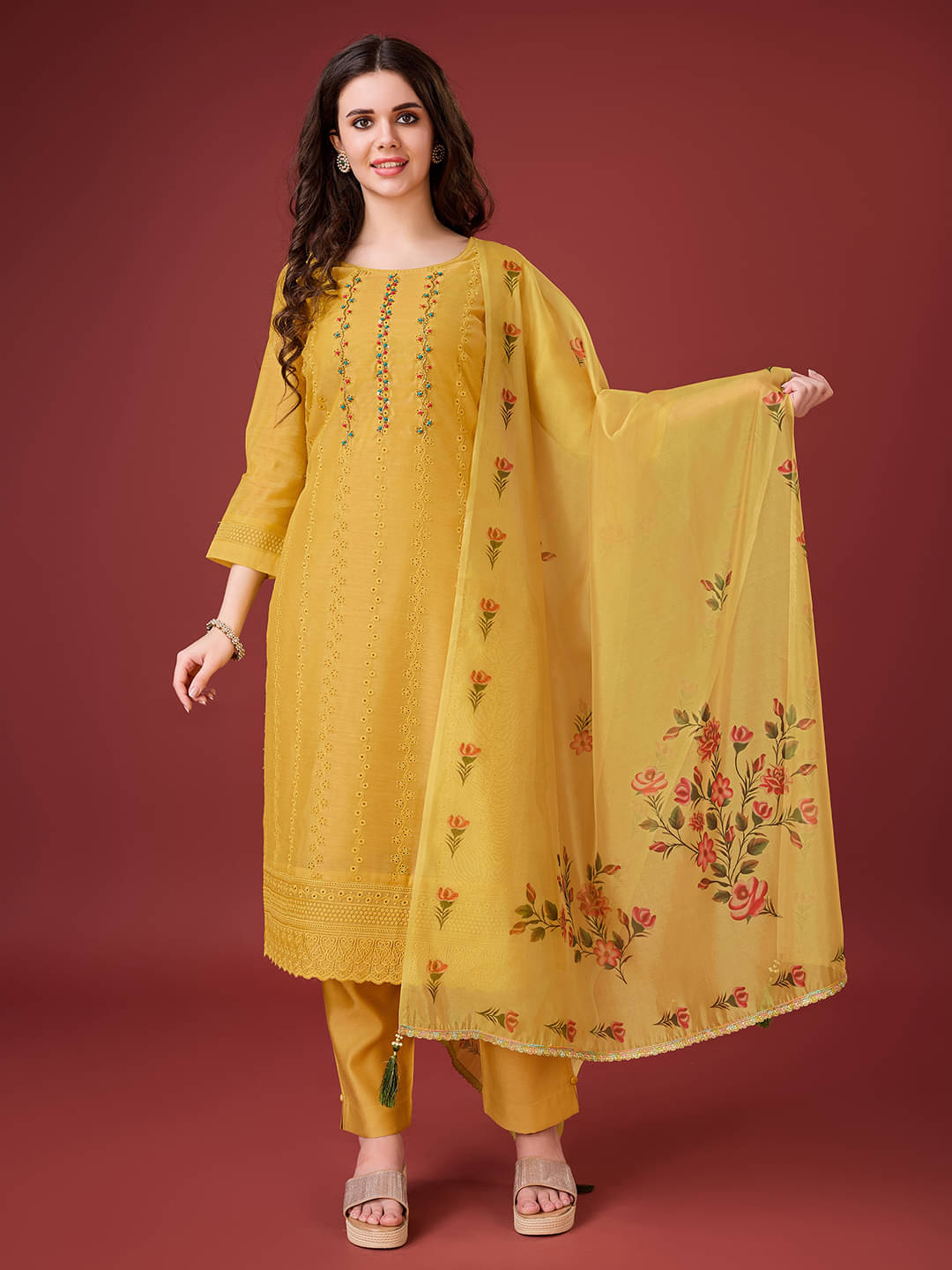 MOJILAA Chanderi Embroidered Kurti With Pants Women's Stitched Salwar Suit - Gold ( Pack of 1 ) MOJILAA Chanderi Embroidered Kurti With Pants Women's Stitched Salwar Suit - Gold ( Pack of 1 )