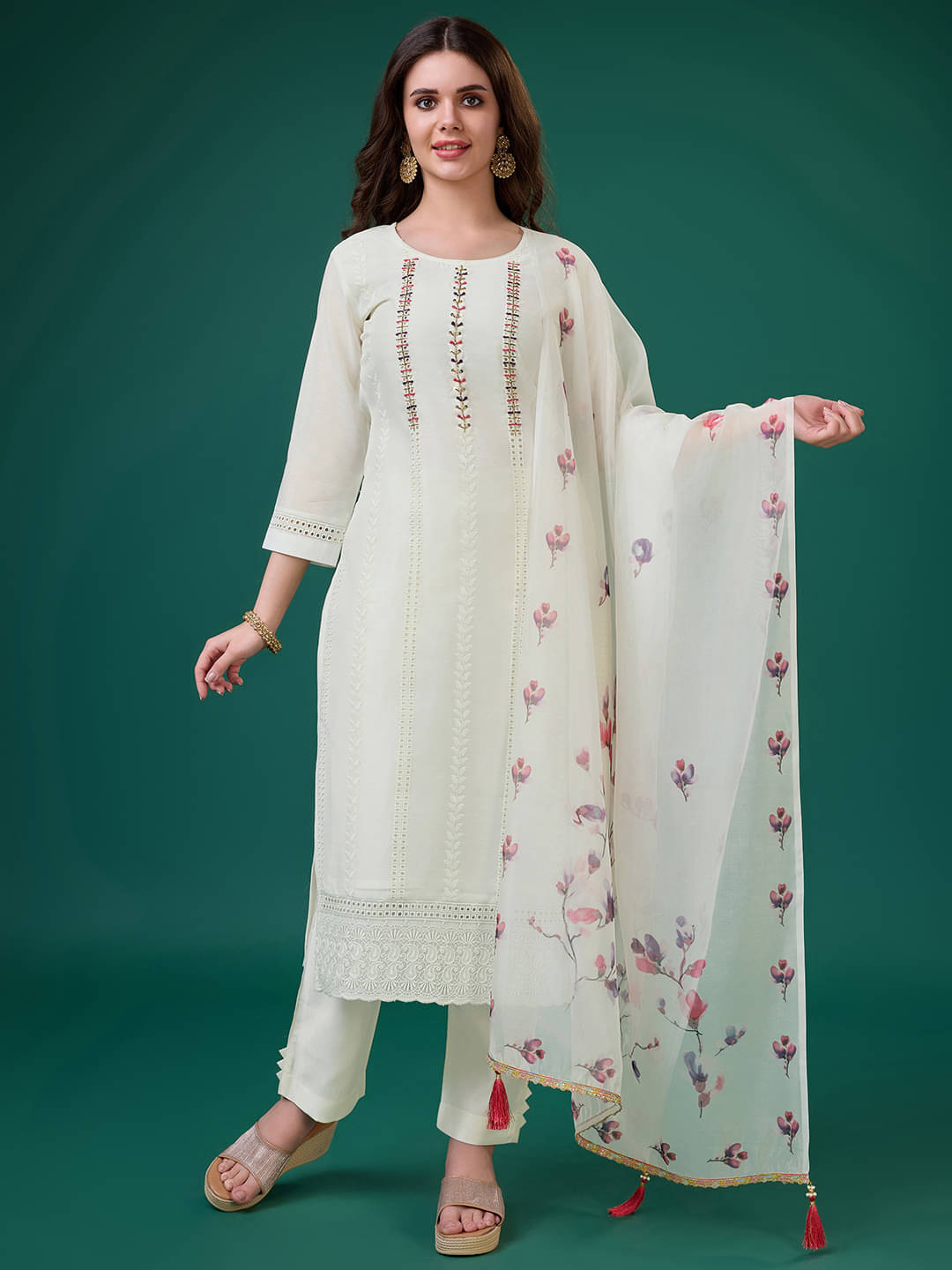     			MOJILAA Chanderi Embroidered Kurti With Pants Women's Stitched Salwar Suit - Off White ( Pack of 1 )
