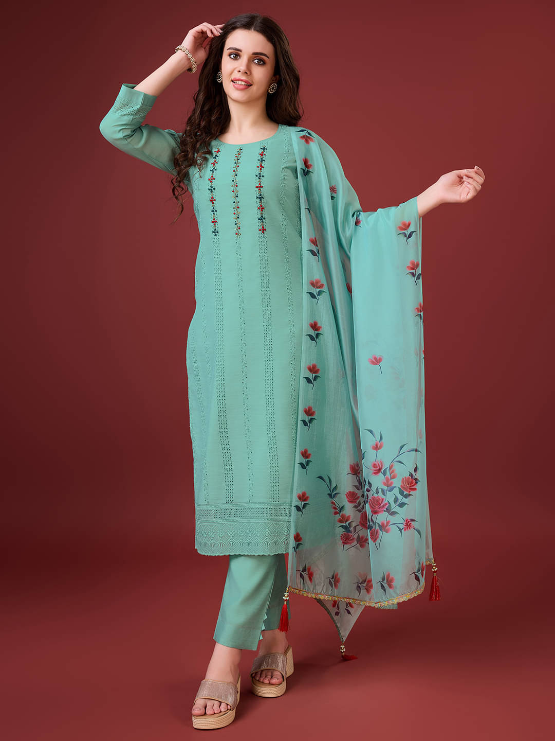 MOJILAA Chanderi Embroidered Kurti With Pants Women's Stitched Salwar Suit - Sea Green ( Pack of 1 ) MOJILAA Chanderi Embroidered Kurti With Pants Women's Stitched Salwar Suit - Sea Green ( Pack of 1 )