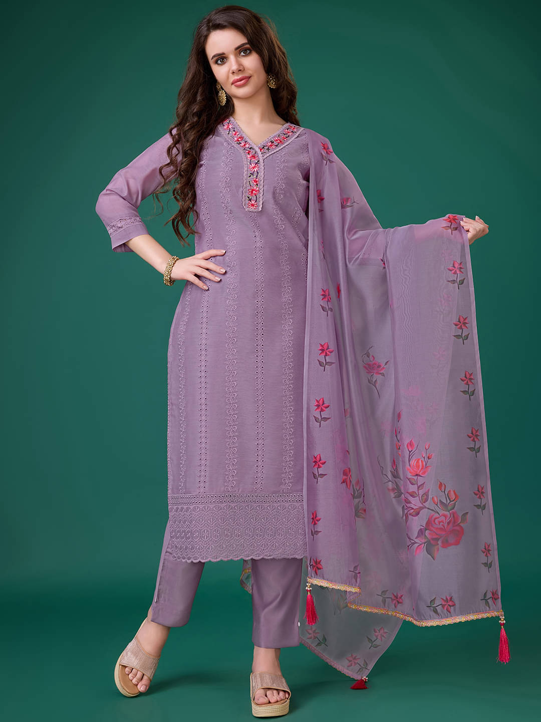     			MOJILAA Chanderi Embroidered Kurti With Pants Women's Stitched Salwar Suit - Lavender ( Pack of 1 )