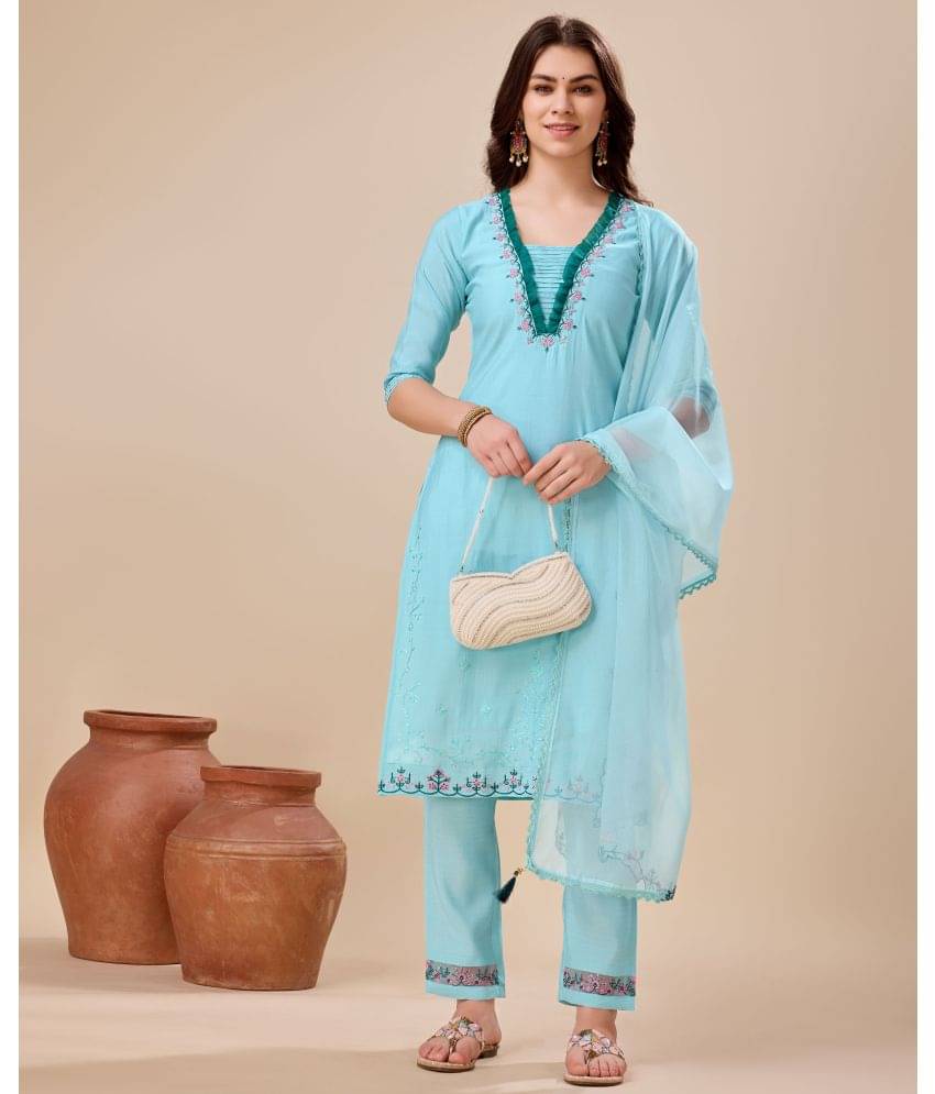 MOJILAA Silk Embroidered Kurti With Pants Women's Stitched Salwar Suit - Light Blue ( Pack of 1 ) MOJILAA Silk Embroidered Kurti With Pants Women's Stitched Salwar Suit - Light Blue ( Pack of 1 )