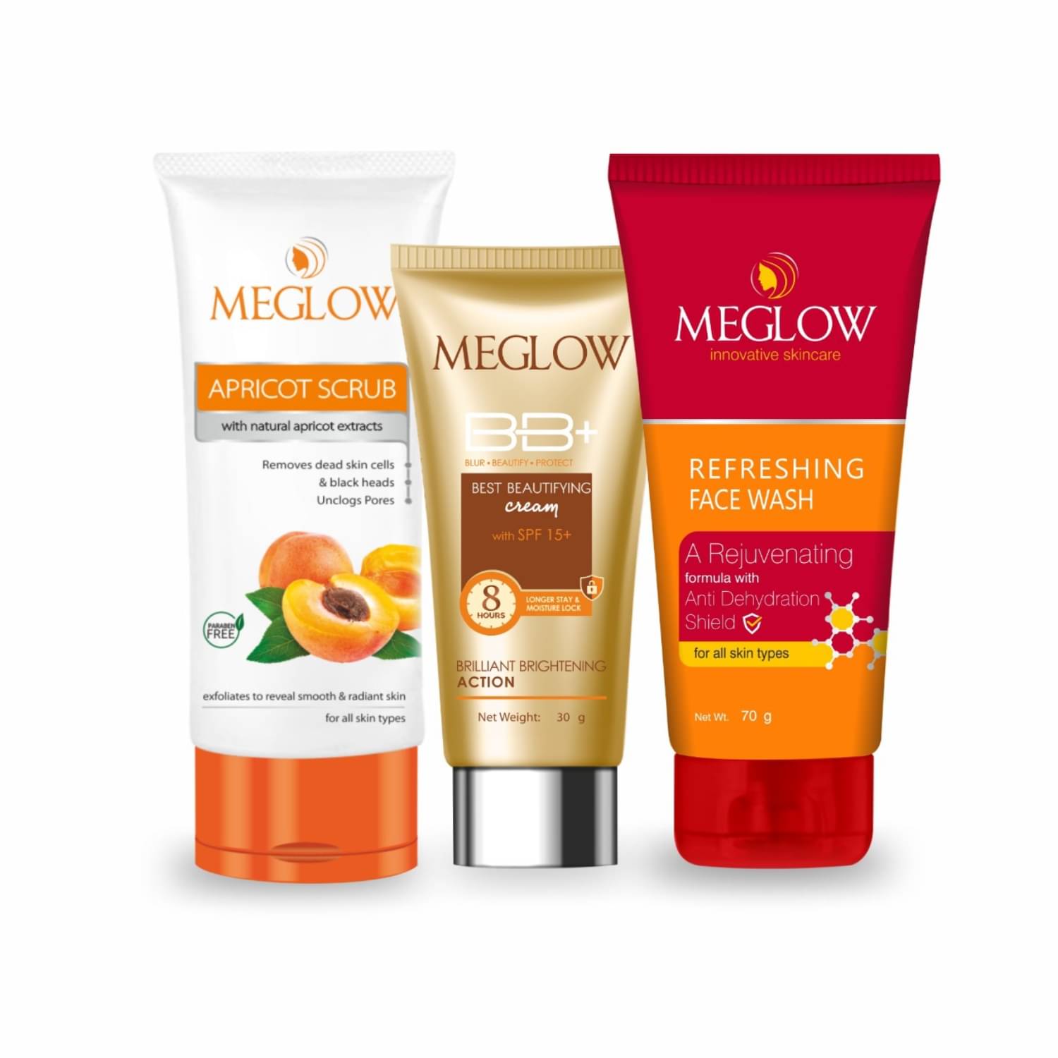     			Meglow BB+ Cream SPF 15+ (30g) + Refreshing Face Wash (70g) + Apricot Scrub (70g) Combo Pack