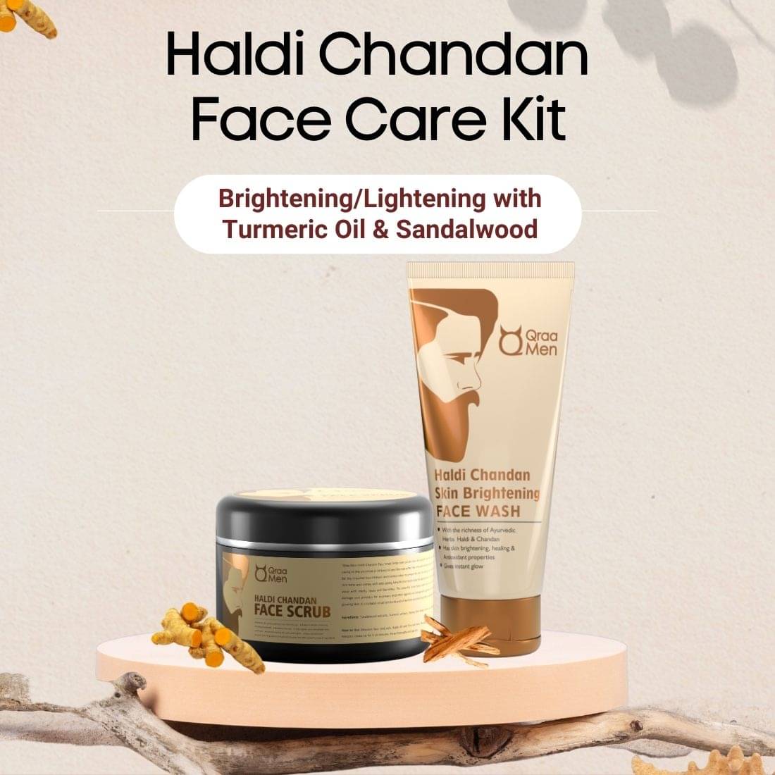    			Qraa Men Haldi Chandan Face Care Kit - Combo pack of Haldi chandan Face wash 100g & Scrub 100g | Lightens & Brightens skin tone with turmeric extracts