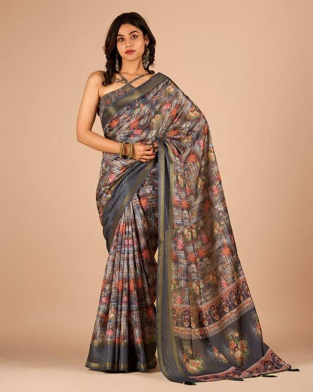     			Sanwariya Silks Cotton Blend Printed Saree With Unstitched Blouse Piece ( Grey )