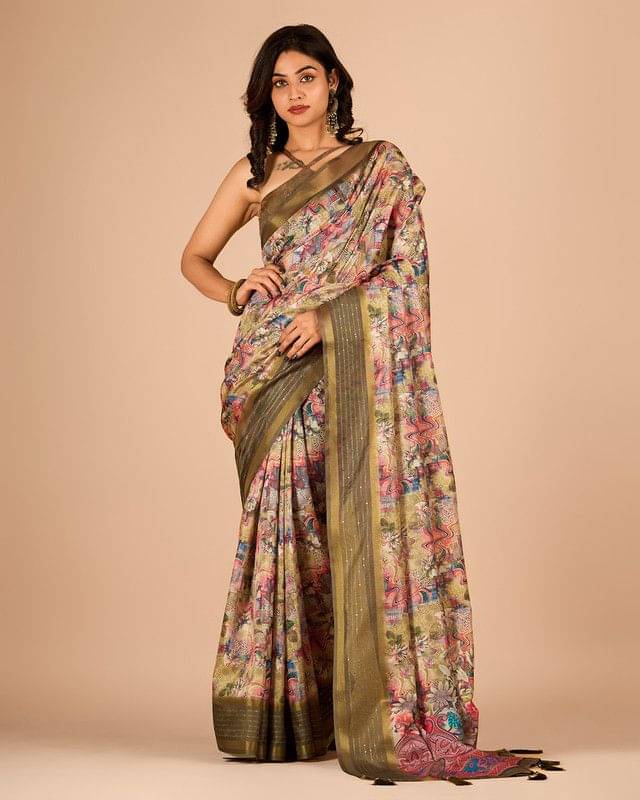 Sanwariya Silks Cotton Blend Printed Saree With Unstitched Blouse Piece ( Light Green ) Sanwariya Silks Cotton Blend Printed Saree With Unstitched Blouse Piece ( Light Green )