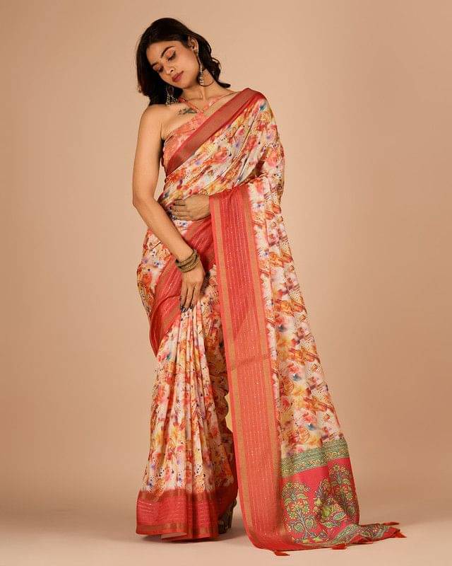     			Sanwariya Silks Cotton Blend Printed Saree With Unstitched Blouse Piece ( Orange )