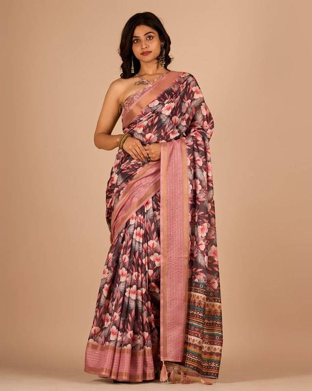     			Sanwariya Silks Cotton Blend Printed Saree With Unstitched Blouse Piece ( Pink )