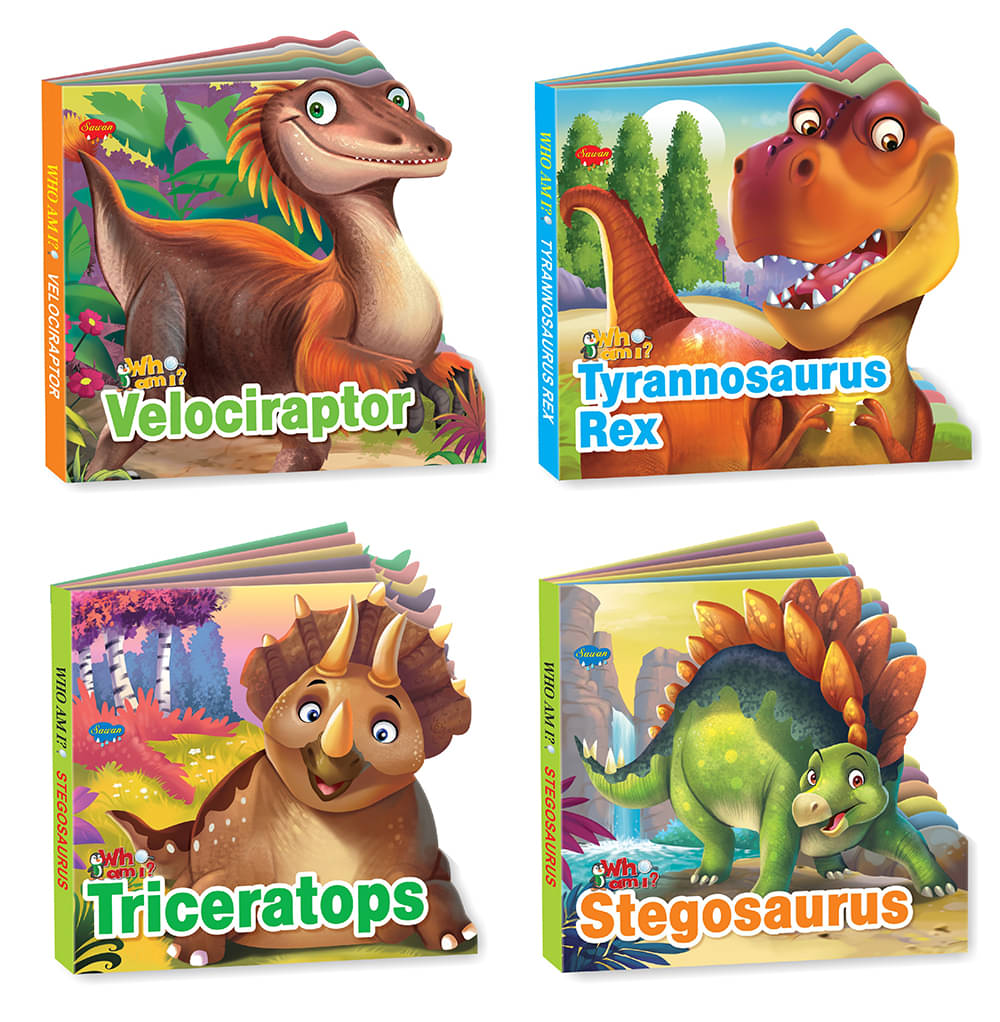 Sawan Present Set Of 4 Who Am I Story Books Of Velociraptor,Tyrannosaurus Rex,Triceratops & Stegosaurus | Board Book Sawan Present Set Of 4 Who Am I Story Books Of Velociraptor,Tyrannosaurus Rex,Triceratops & Stegosaurus | Board Book