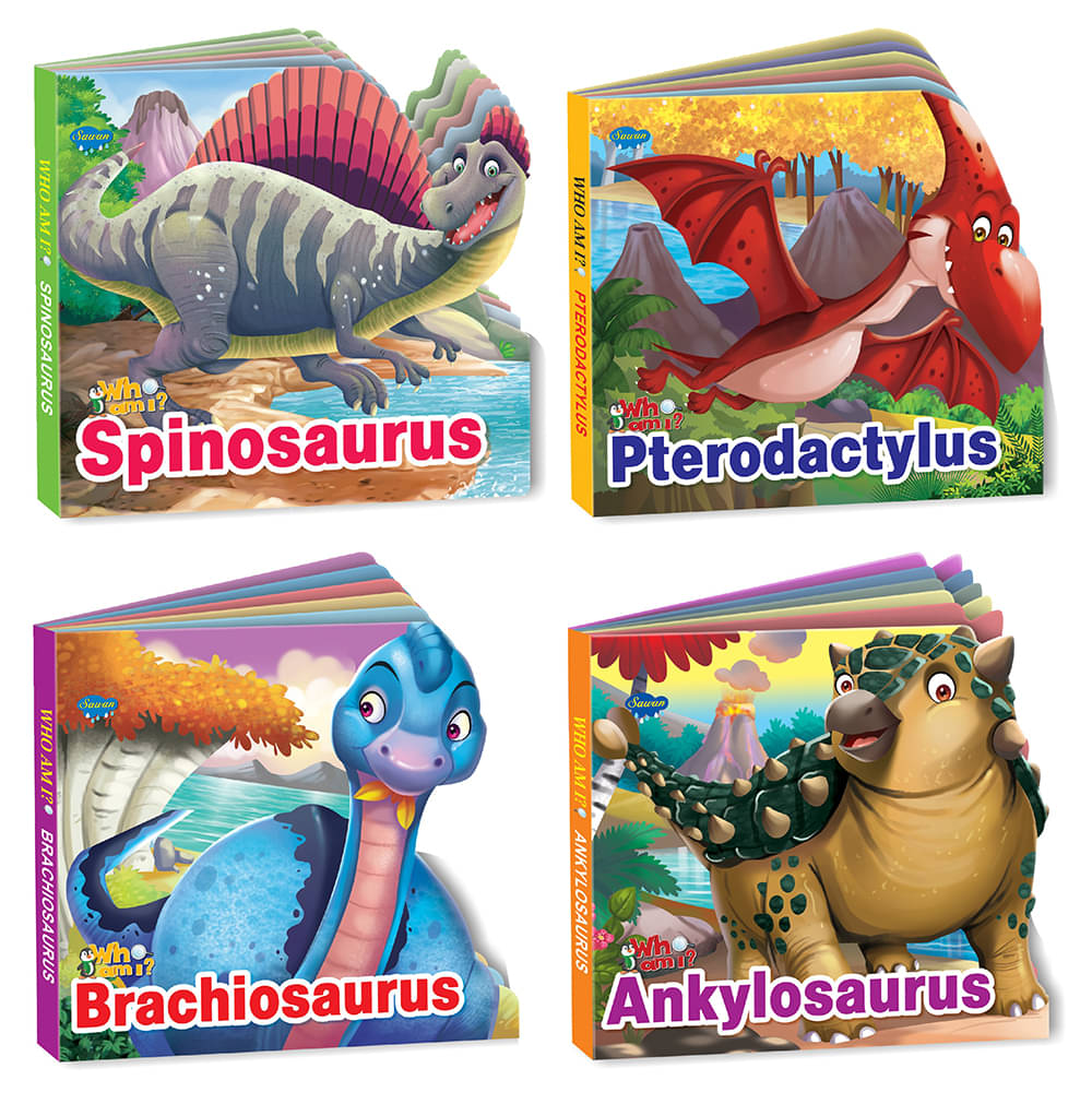 Sawan Present Set Of 4 Who Am I Story Books Of Spinosaurus,Pterodactylus,Brachiosaurus & Ankylosaurus | Board Book     			Sawan Present Set Of 4 Who Am I Story Books Of Spinosaurus,Pterodactylus,Brachiosaurus & Ankylosaurus | Board Book