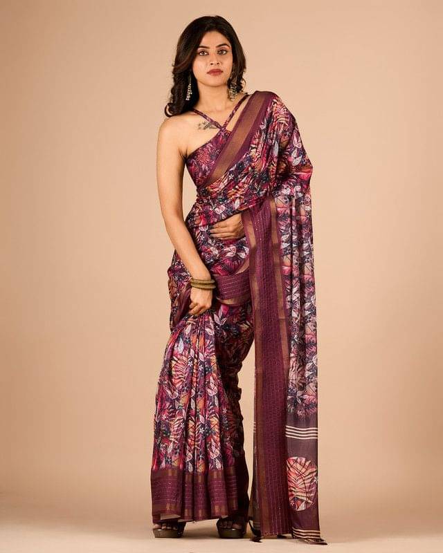 Sitanjali Cotton Blend Printed Saree With Unstitched Blouse Piece ( Wine ) Sitanjali Cotton Blend Printed Saree With Unstitched Blouse Piece ( Wine )