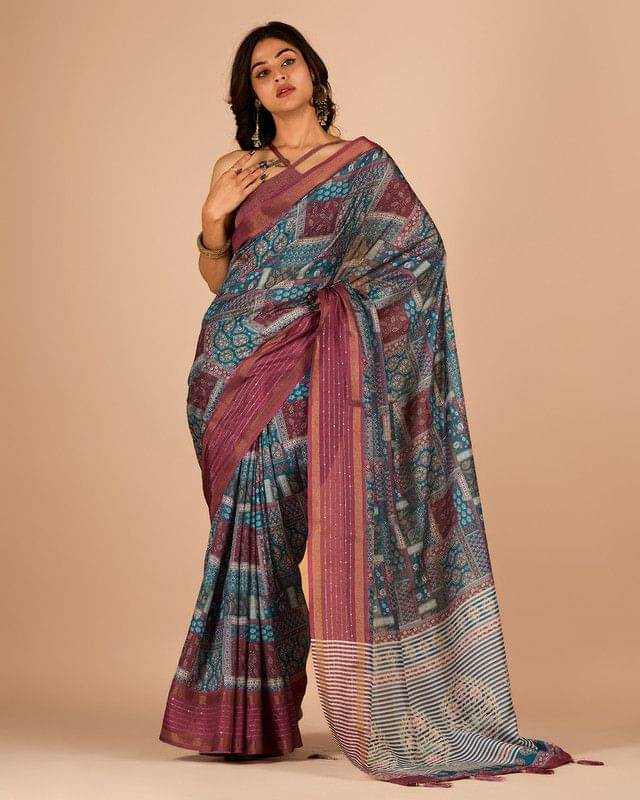 Sitanjali Cotton Blend Printed Saree With Unstitched Blouse Piece ( Rama )     			Sitanjali Cotton Blend Printed Saree With Unstitched Blouse Piece ( Rama )