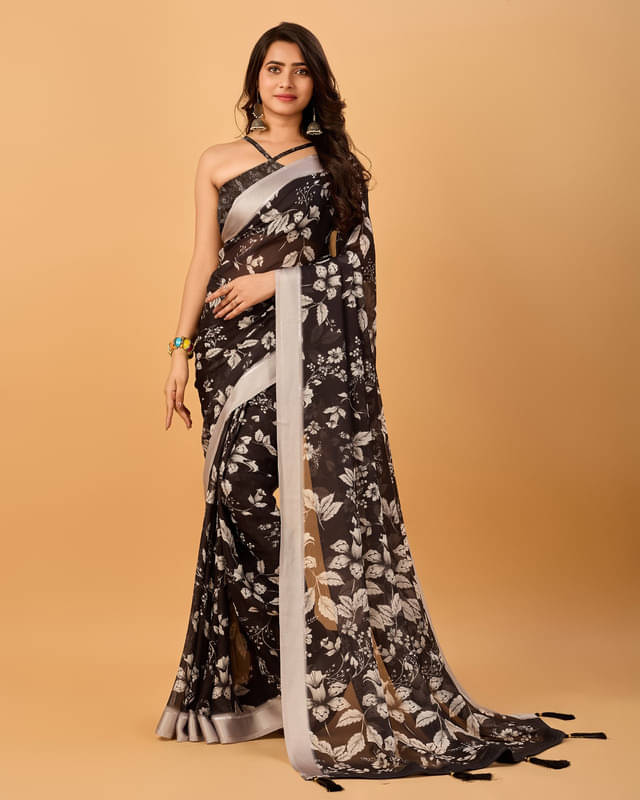 Sitanjali Organza Printed Saree With Unstitched Blouse Piece ( Beige )     			Sitanjali Organza Printed Saree With Unstitched Blouse Piece ( Beige )