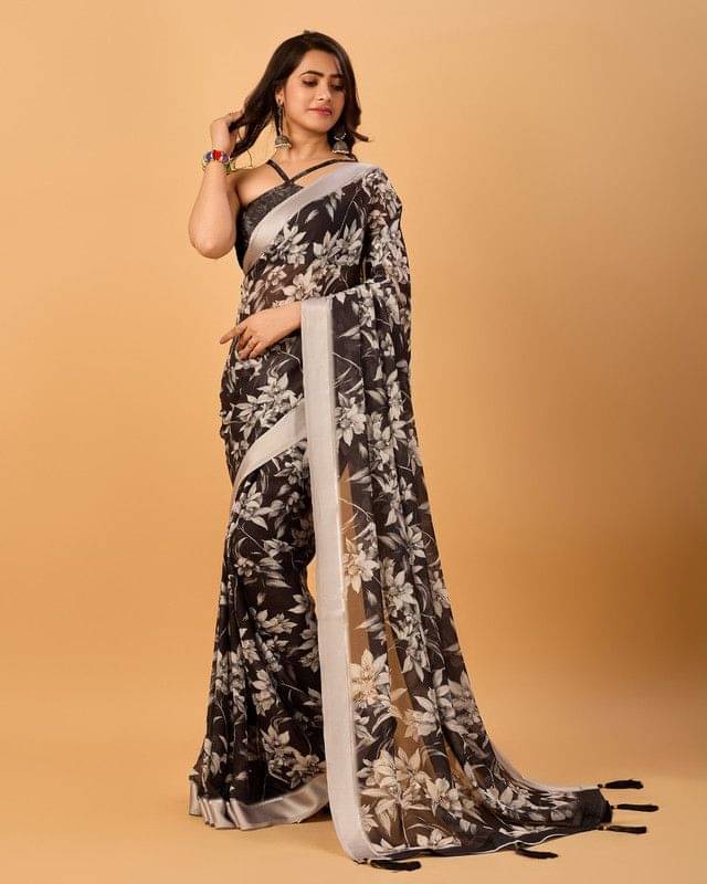     			Sitanjali Organza Printed Saree With Unstitched Blouse Piece ( Grey )