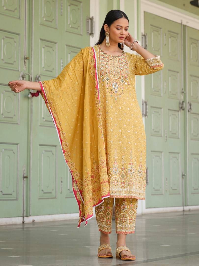 Juniper Cotton Printed Kurti With Pants Women's Stitched Salwar Suit - Mustard ( Pack of 1 ) Juniper Cotton Printed Kurti With Pants Women's Stitched Salwar Suit - Mustard ( Pack of 1 )