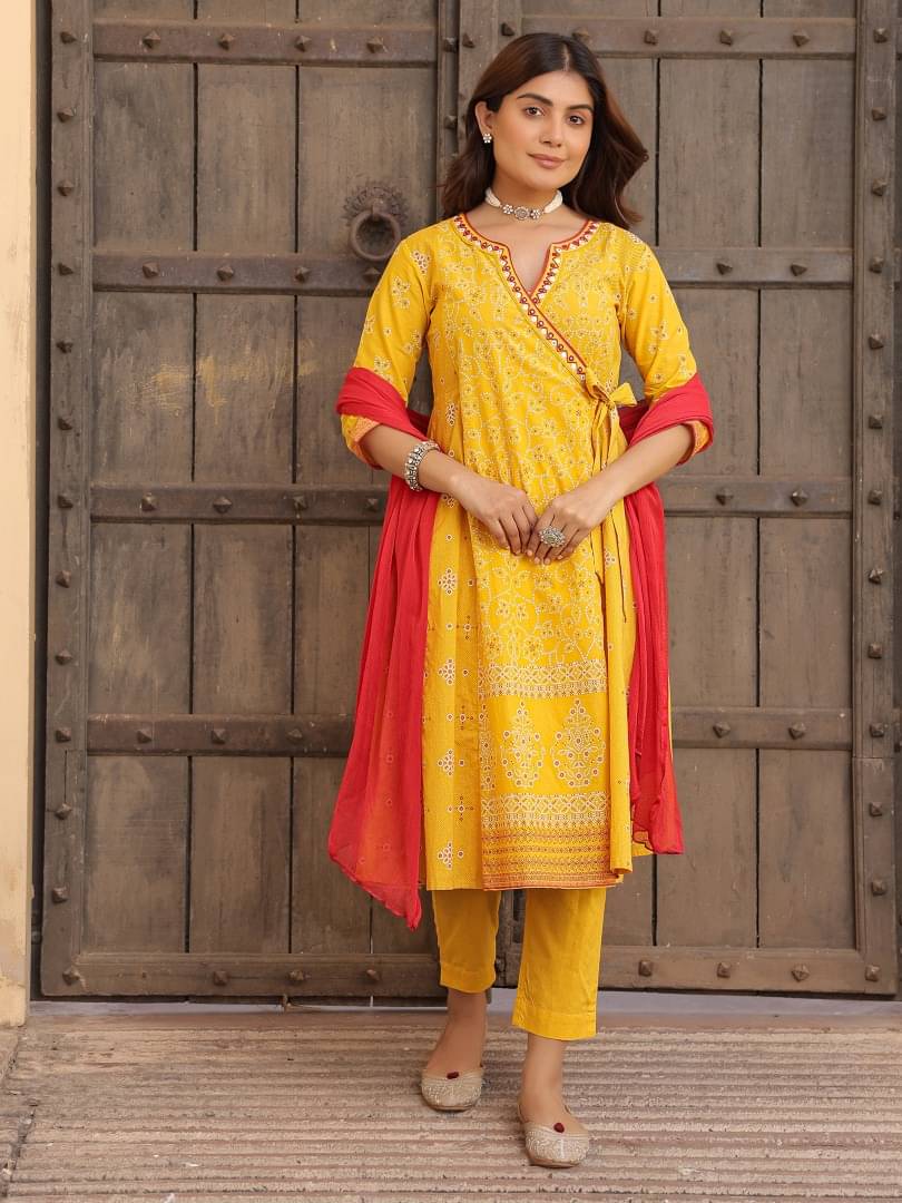     			Juniper Cotton Printed Kurti With Pants Women's Stitched Salwar Suit - Mustard ( Pack of 1 )