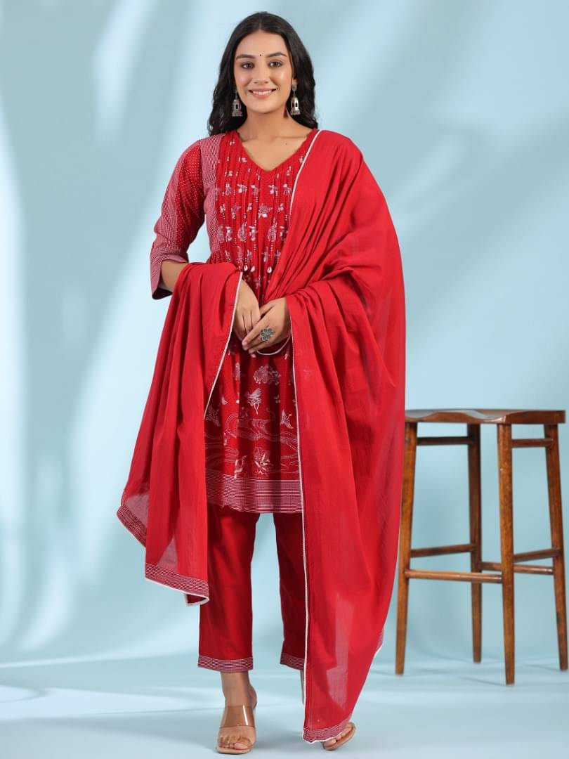 Juniper Cotton Printed Kurti With Pants Women's Stitched Salwar Suit - Red ( Pack of 1 ) Juniper Cotton Printed Kurti With Pants Women's Stitched Salwar Suit - Red ( Pack of 1 )