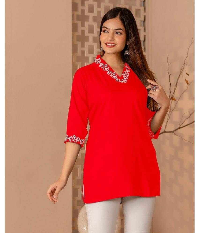 Kapadia Red Rayon Women's Tunic ( Pack of 1 ) Kapadia Red Rayon Women's Tunic ( Pack of 1 )