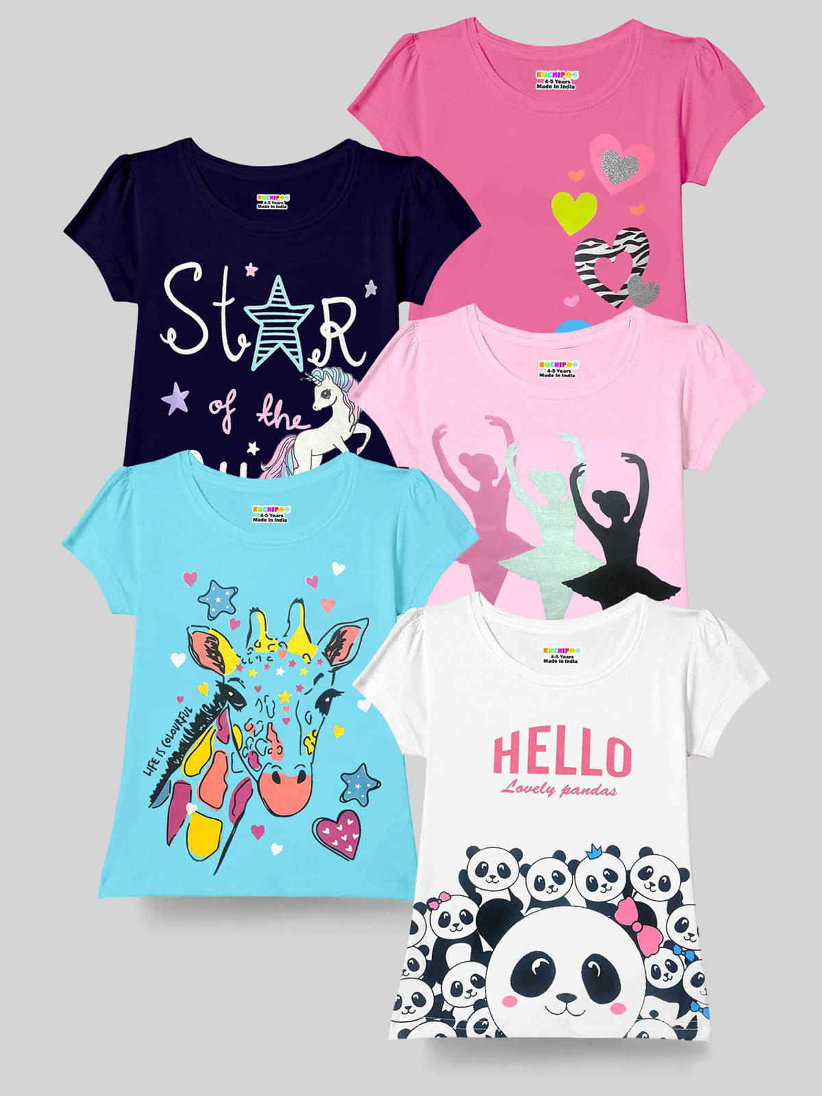     			Kuchipoo Pack of 5 Girls Cotton Blend T-Shirt ( Multicolor1 )