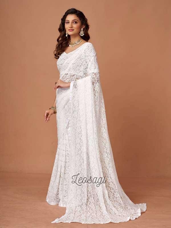    			LEOSAGI Brasso Self Design Saree With Unstitched Blouse Piece ( White )