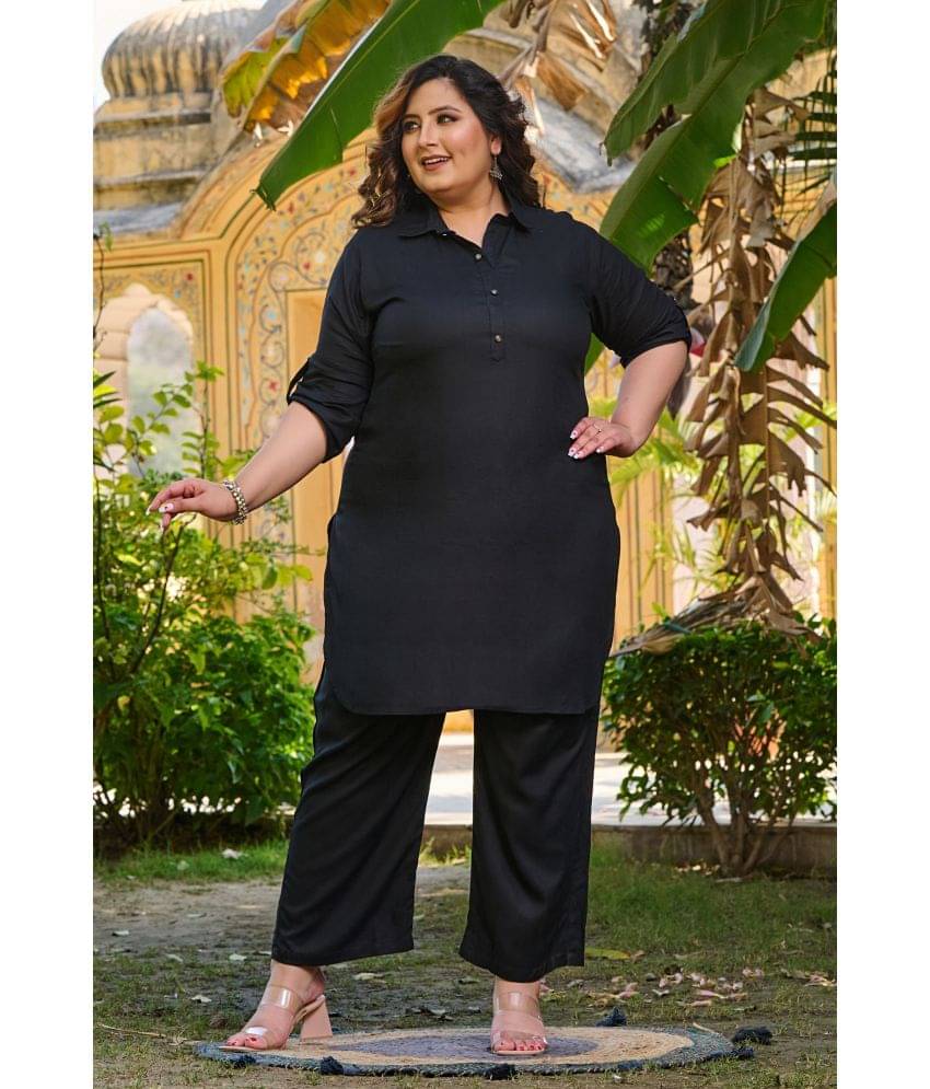 PrettyPlus by Desinoor.com Rayon Solid Kurti With Palazzo Women's Stitched Salwar Suit - Black ( Pack of 1 ) PrettyPlus by Desinoor.com Rayon Solid Kurti With Palazzo Women's Stitched Salwar Suit - Black ( Pack of 1 )