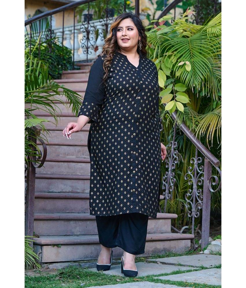 PrettyPlus by Desinoor.com Rayon Printed Front Slit Women's Kurti - Black ( Pack of 1 ) PrettyPlus by Desinoor.com Rayon Printed Front Slit Women's Kurti - Black ( Pack of 1 )