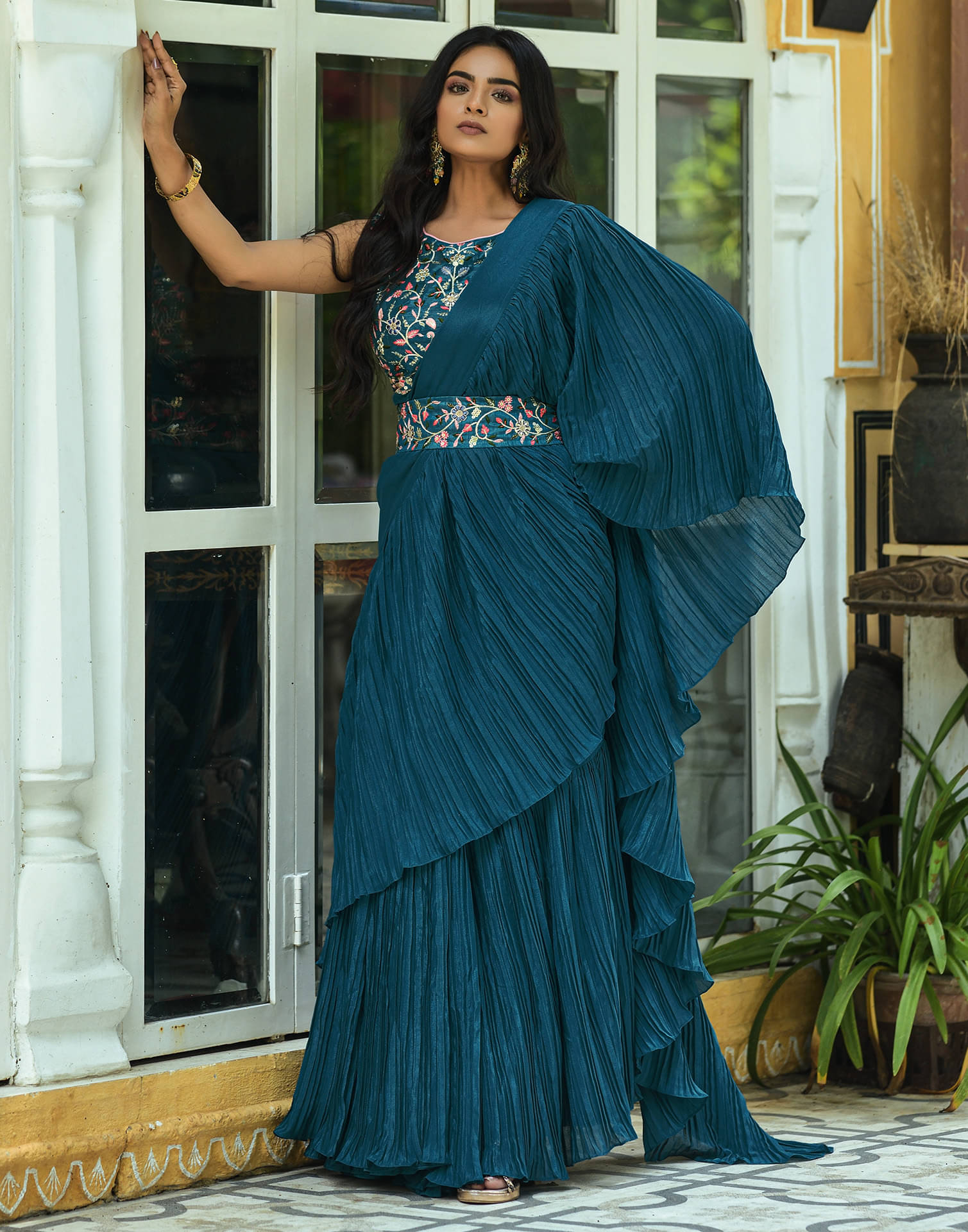     			Satrani Chiffon Dyed Saree With Unstitched Blouse Piece ( Turquoise )