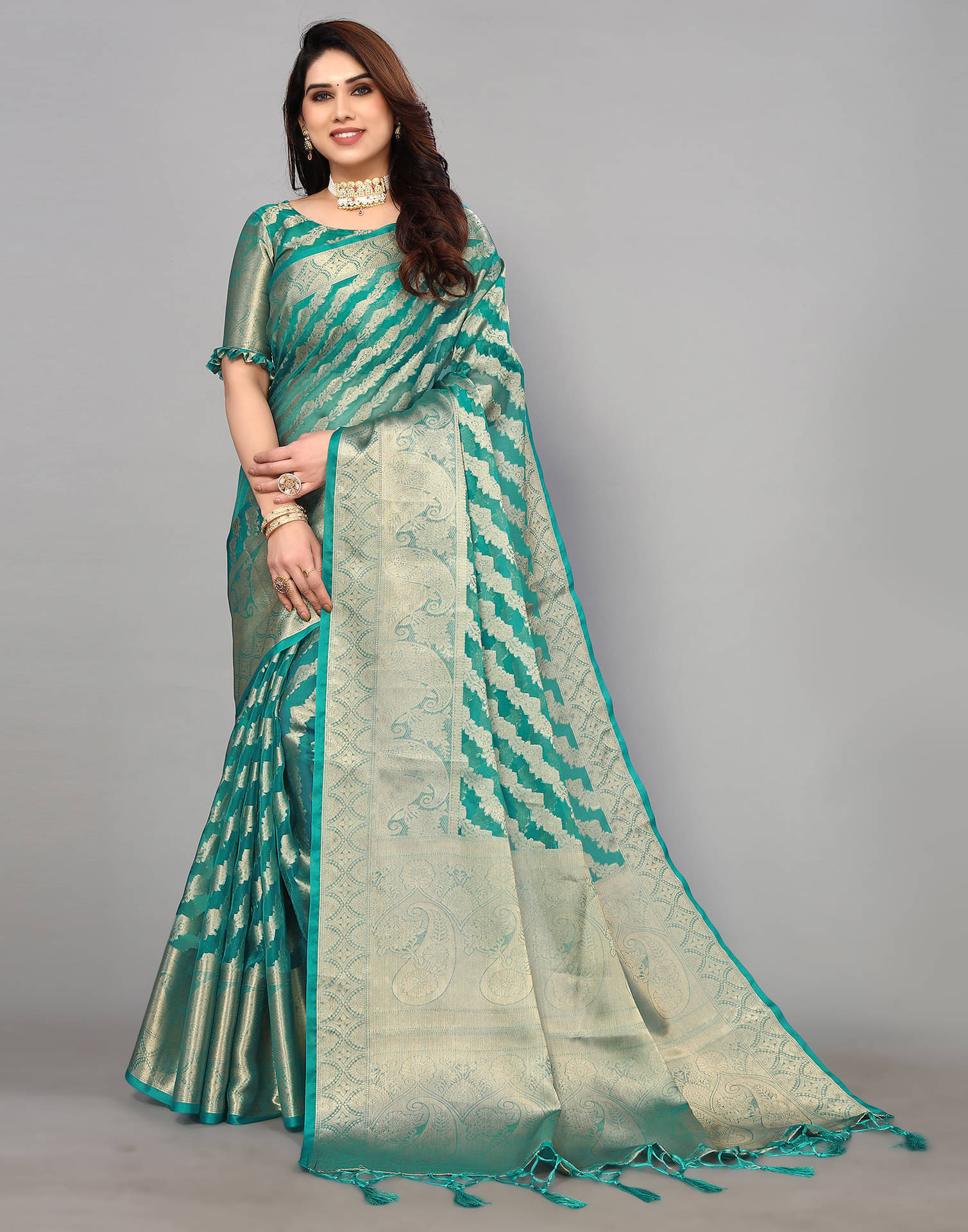 Satrani Organza Woven Saree With Unstitched Blouse Piece ( Turquoise ) Satrani Organza Woven Saree With Unstitched Blouse Piece ( Turquoise )
