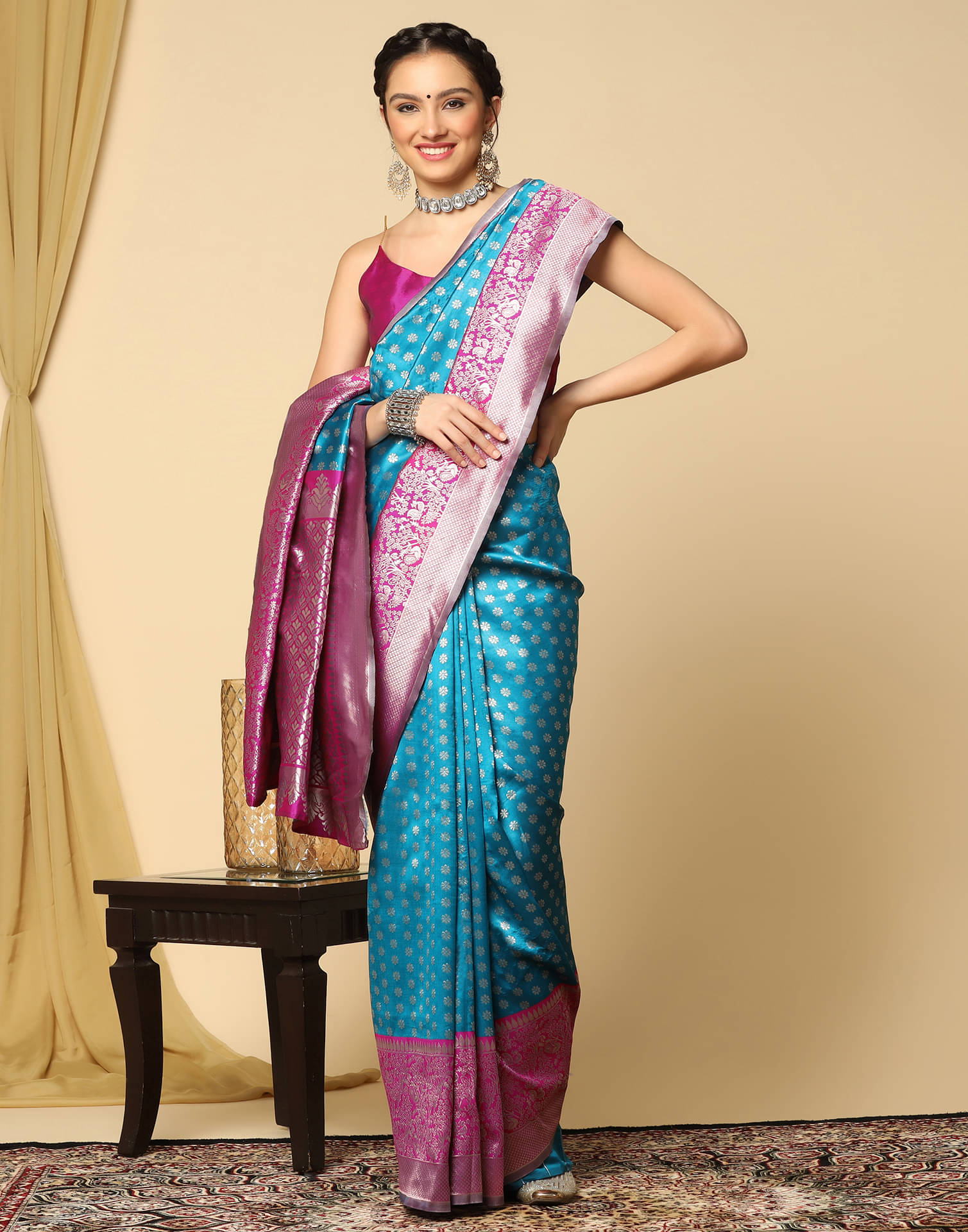 Satrani Silk Embellished Saree With Unstitched Blouse Piece ( Rama ) Satrani Silk Embellished Saree With Unstitched Blouse Piece ( Rama )