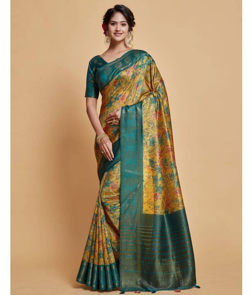Satrani Viscose Printed Saree With Unstitched Blouse Piece ( Yellow ) Satrani Viscose Printed Saree With Unstitched Blouse Piece ( Yellow )