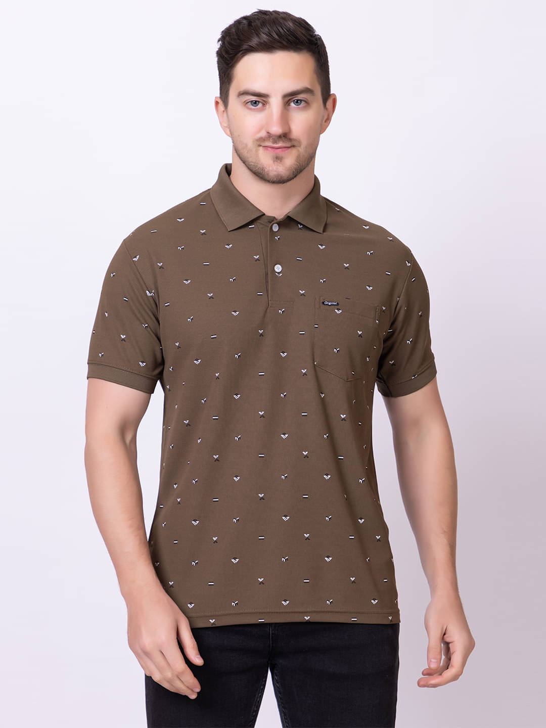 TRULY FAST Pack of 1 Cotton Blend Regular Fit Printed Half Sleeves Men's Polo T Shirt ( Brown ) TRULY FAST Pack of 1 Cotton Blend Regular Fit Printed Half Sleeves Men's Polo T Shirt ( Brown )